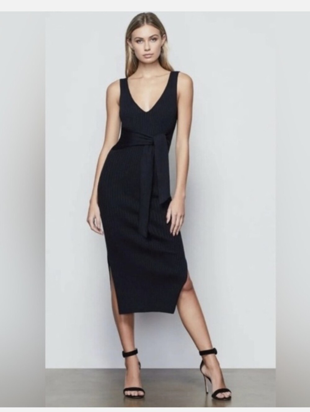 Good American Ribbed Knit Tank Midi Dress With Tie Waist